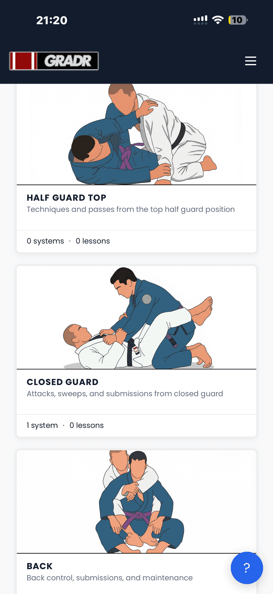 The GRADR app on a phone: the BJJ curriculum library by position